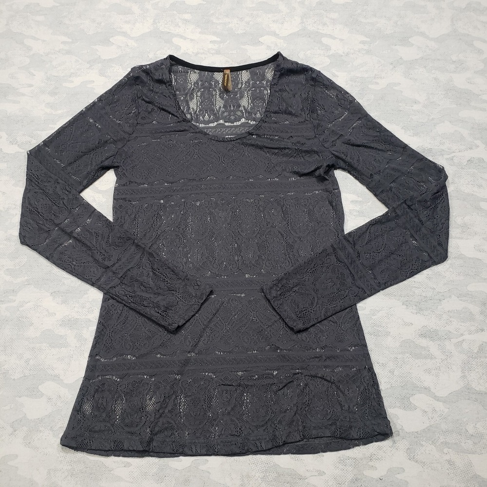 Stetson Top Womens Large Gray Lace Sheer Long Sleeve Sheer